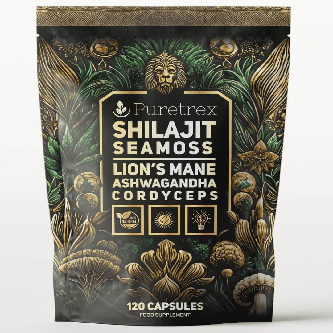 PURETREX Shilajit Seamoss Lion’s Mane Ashwagandha Cordyceps supplement, 120 vegan capsules, premium herbal complex pouch front view.