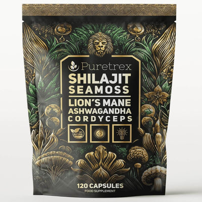 PURETREX Shilajit Seamoss Lion’s Mane Ashwagandha Cordyceps supplement, 120 vegan capsules, premium herbal complex pouch front view.