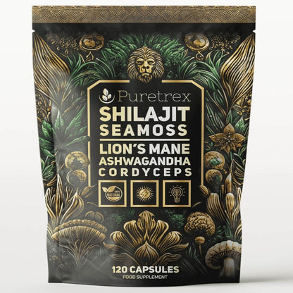 PURETREX Shilajit Seamoss Lion’s Mane Ashwagandha Cordyceps supplement, 120 vegan capsules, premium herbal complex pouch front view.