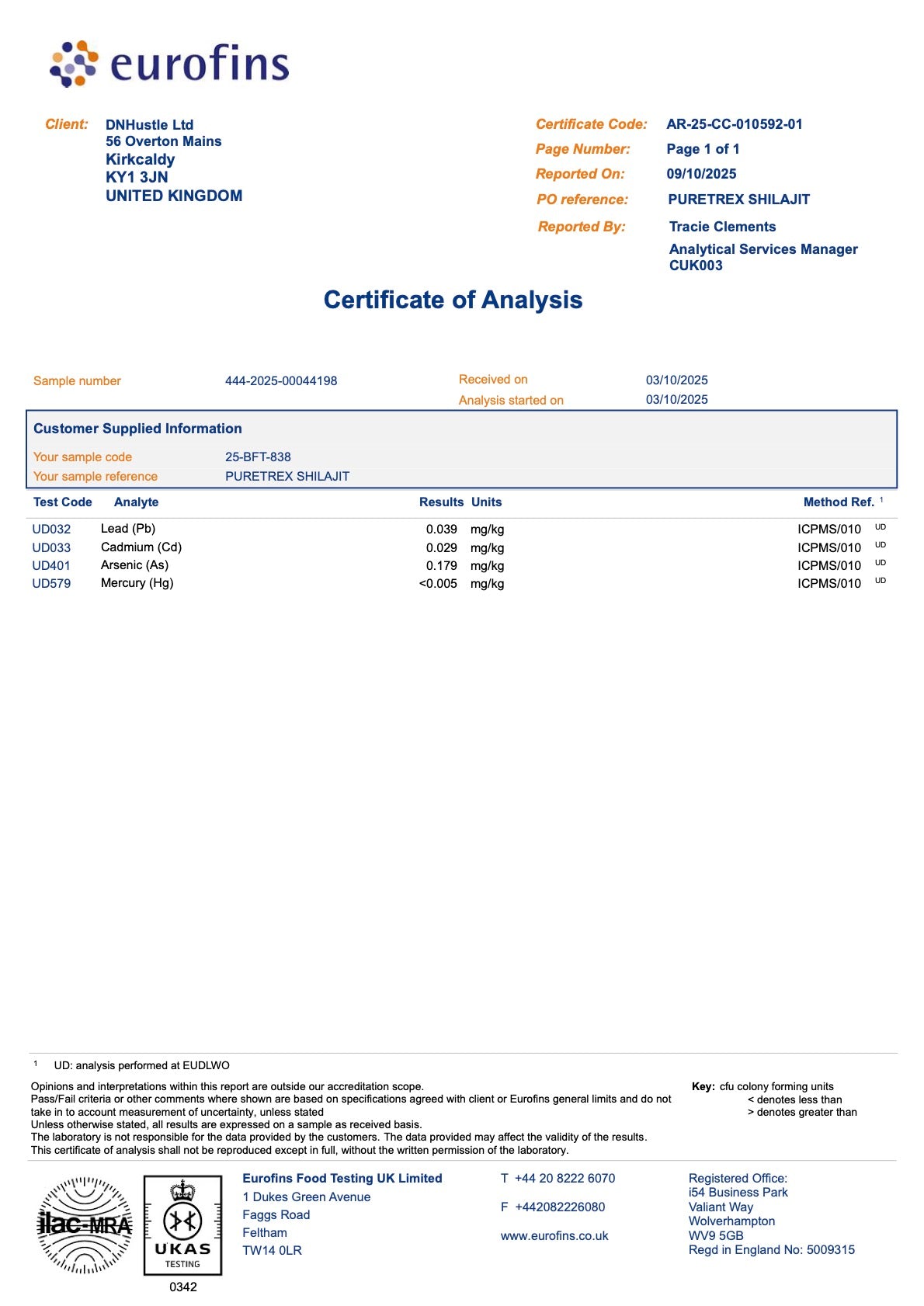 Third-party laboratory Certificate of Analysis AR-25-CC-010592-01 for PURETREX Shilajit Capsules – Sea Moss, Lion's Mane, Ashwagandha & Cordyceps: heavy metals by ICP-MS — lead 0.039, cadmium 0.029, arsenic 0.179, mercury below 0.005 mg/kg. Reported 9 Oct 2025.