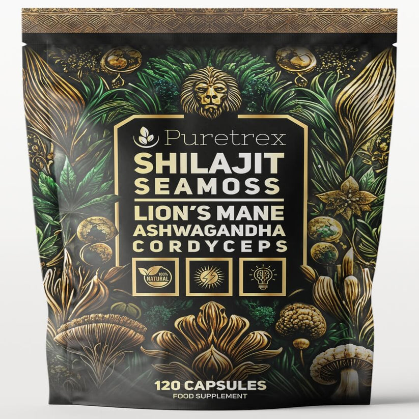 PURETREX Shilajit with Sea Moss Lion's Mane Ashwagandha and Cordyceps supplement capsules