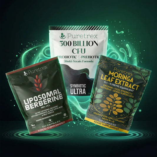 PURETREX Gut Reset Stack bundle featuring 300 Billion CFU Probiotic and Prebiotic, Liposomal Berberine and Organic Moringa capsules for digestive health support