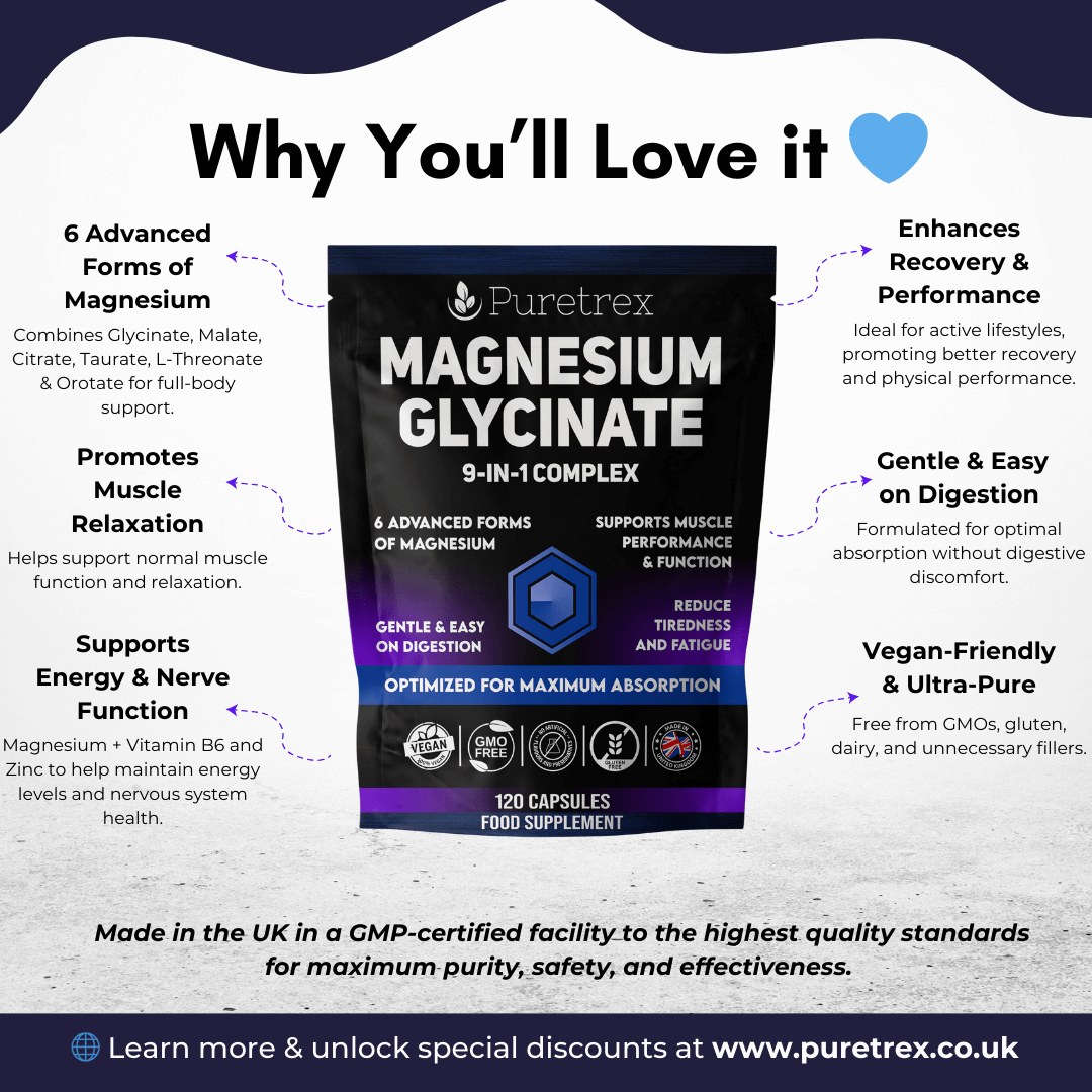 Puretrex Magnesium Glycinate 9-in-1 Complex pack with highlighted benefits including recovery, muscle support, and easy digestion.