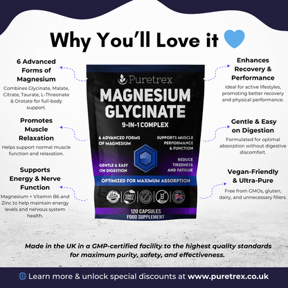 Puretrex Magnesium Glycinate 9-in-1 Complex pack with highlighted benefits including recovery, muscle support, and easy digestion.