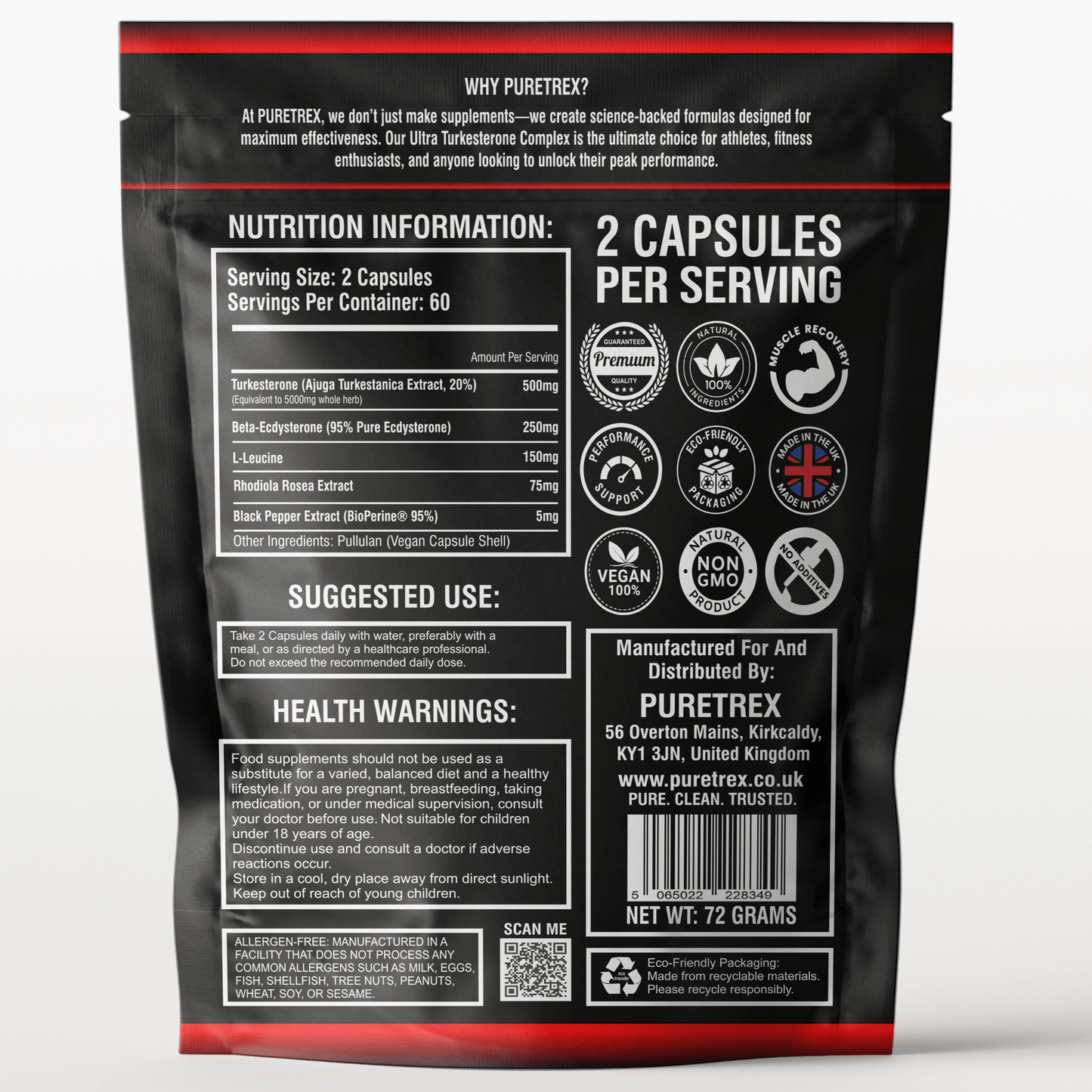 PURETREX Ultra Turkesterone Complex packaging back side – nutrition facts, serving size, ingredient list, suggested use, and health warnings.