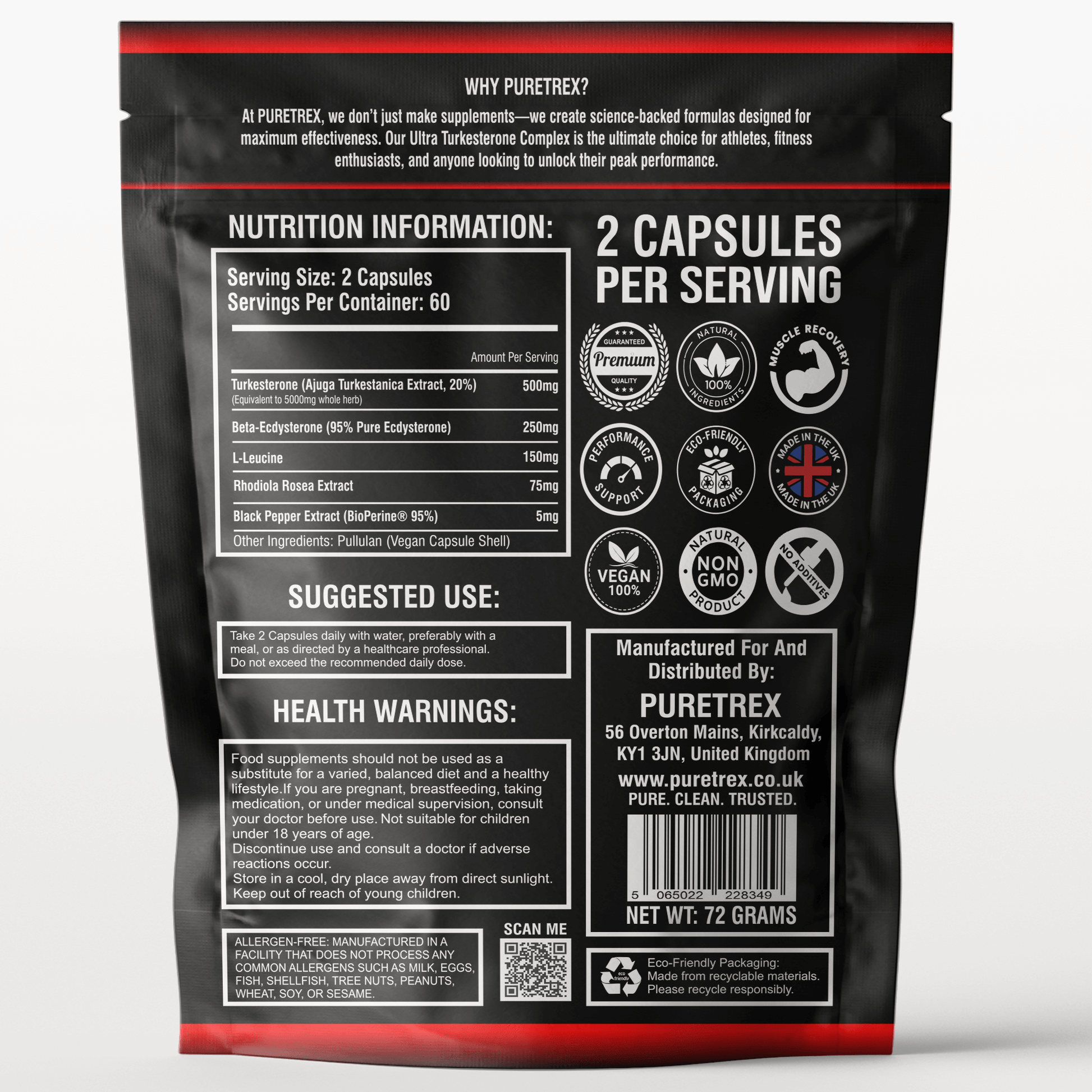 PURETREX Ultra Turkesterone Complex packaging back side – nutrition facts, serving size, ingredient list, suggested use, and health warnings.