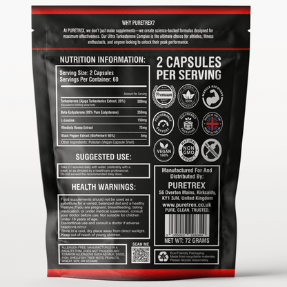 PURETREX Ultra Turkesterone Complex packaging back side – nutrition facts, serving size, ingredient list, suggested use, and health warnings.
