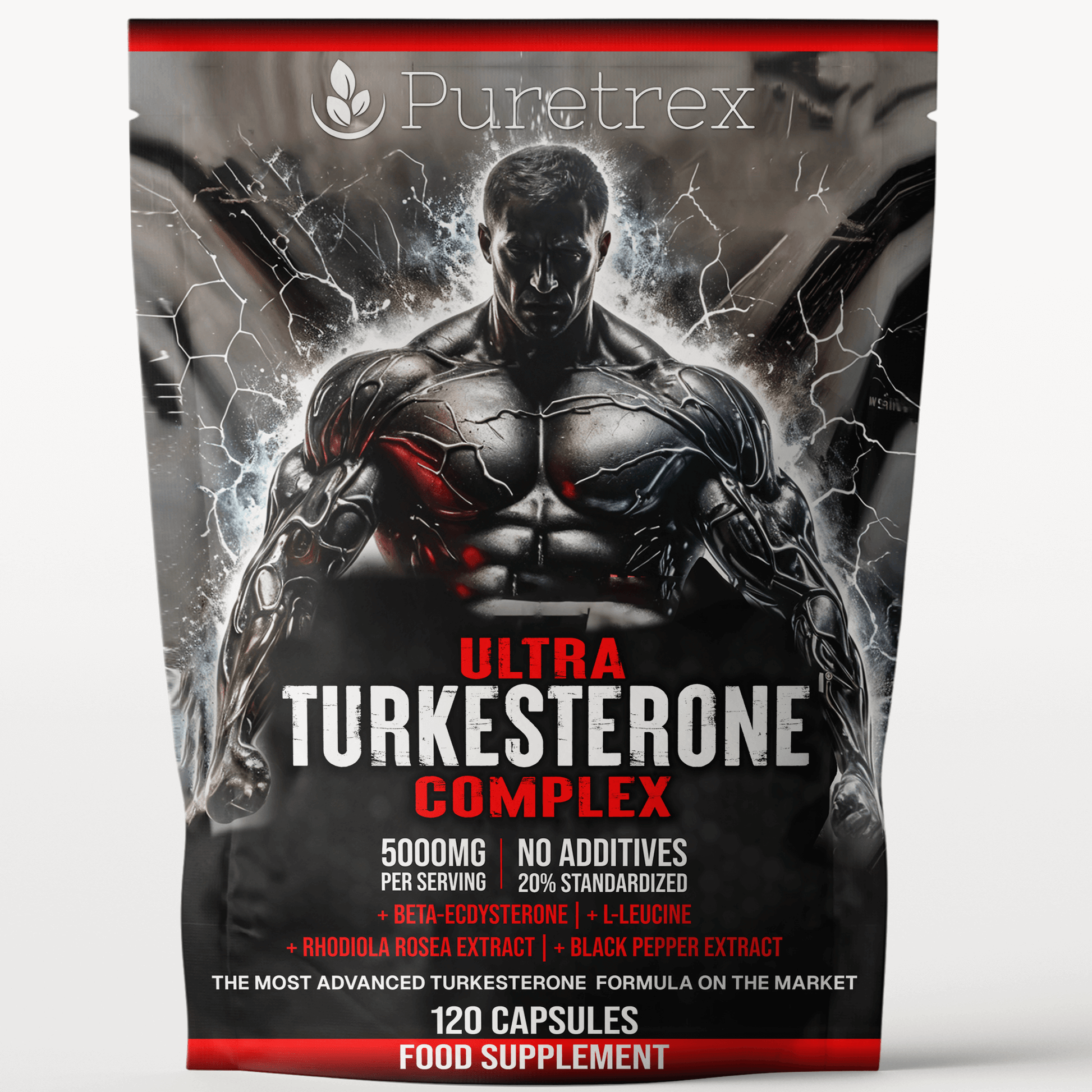 PURETREX Ultra Turkesterone Complex 5000mg packaging front view – advanced muscle growth, endurance and strength supplement with Beta Ecdysterone, Rhodiola Rosea, and L-Leucine.