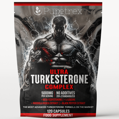 PURETREX Ultra Turkesterone Complex 5000mg packaging front view – advanced muscle growth, endurance and strength supplement with Beta Ecdysterone, Rhodiola Rosea, and L-Leucine.