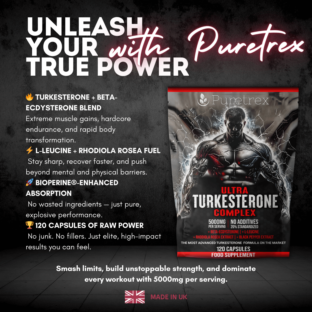 PURETREX Ultra Turkesterone Complex motivational image – muscular bodybuilder with text “Unleash Your Beast – Build, Conquer, Dominate” showcasing strength and power.