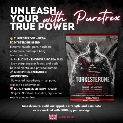 PURETREX Ultra Turkesterone Complex motivational image – muscular bodybuilder with text “Unleash Your Beast – Build, Conquer, Dominate” showcasing strength and power.