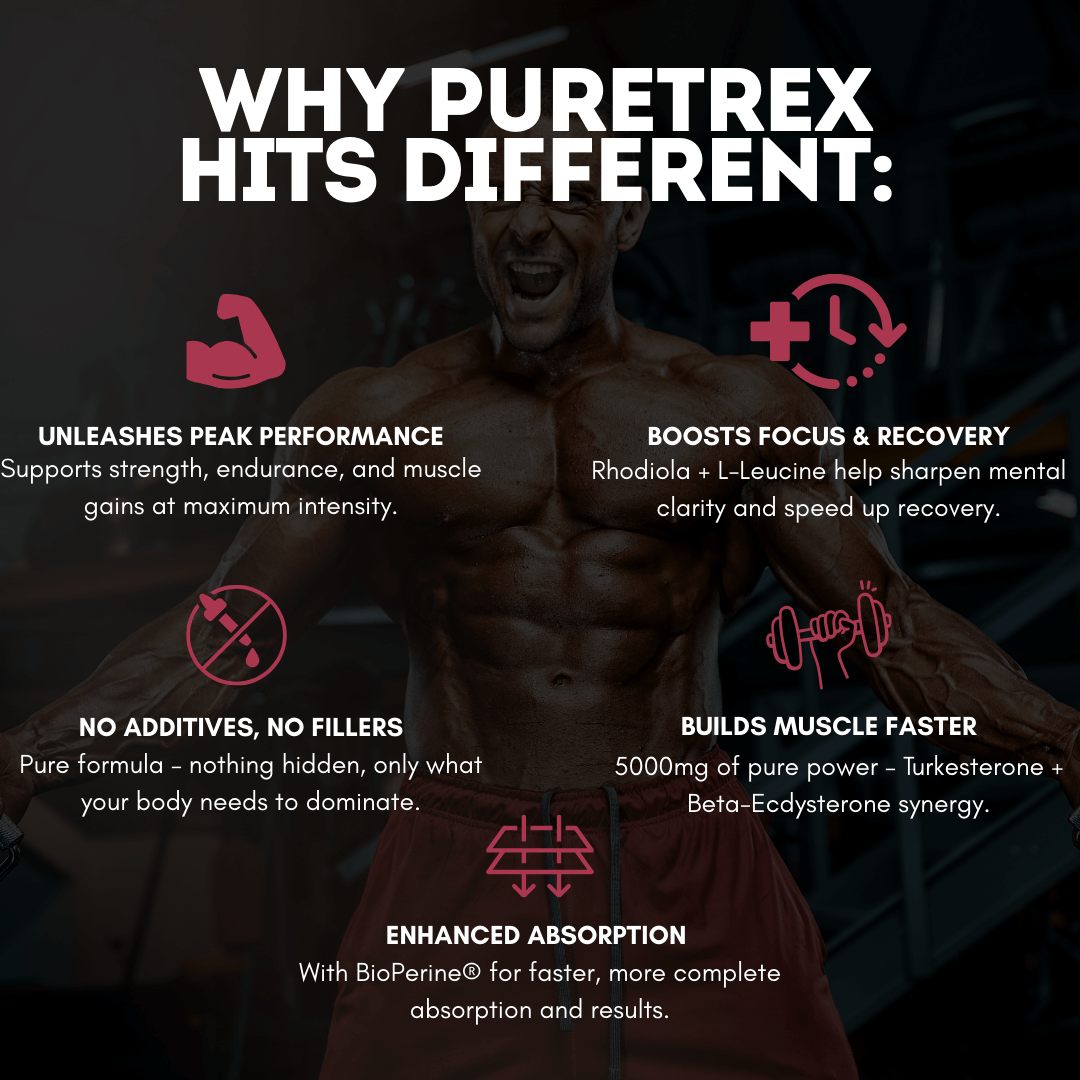 PURETREX Ultra Turkesterone Complex comparison image – highlighting strength, focus, recovery, no fillers and enhanced absorption with BioPerine®.