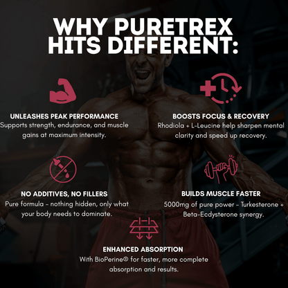 PURETREX Ultra Turkesterone Complex comparison image – highlighting strength, focus, recovery, no fillers and enhanced absorption with BioPerine®.