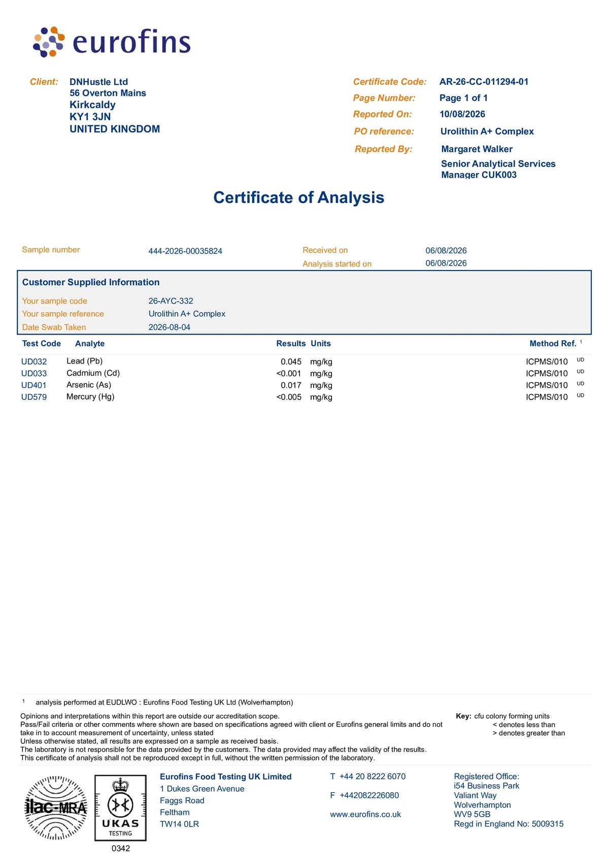 Certificate of Analysis — heavy metals test results for Urolithin A 1000mg Liposomal Complex – 60 Vegan Softgels