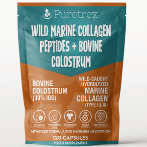 PURETREX Wild Marine Collagen Peptides + Bovine Colostrum – front packaging with hydrolyzed marine collagen, colostrum, and key benefits.