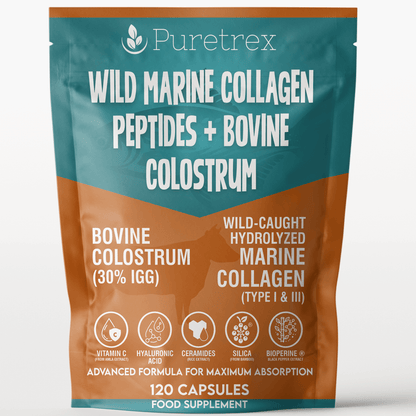 PURETREX Wild Marine Collagen Peptides + Bovine Colostrum – front packaging with hydrolyzed marine collagen, colostrum, and key benefits.