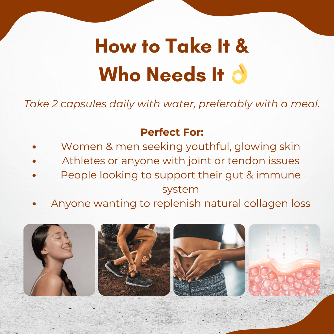 PURETREX Wild Marine Collagen Peptides + Bovine Colostrum – how to take, 2 capsules daily, ideal for skin, joints, gut, and immune support.