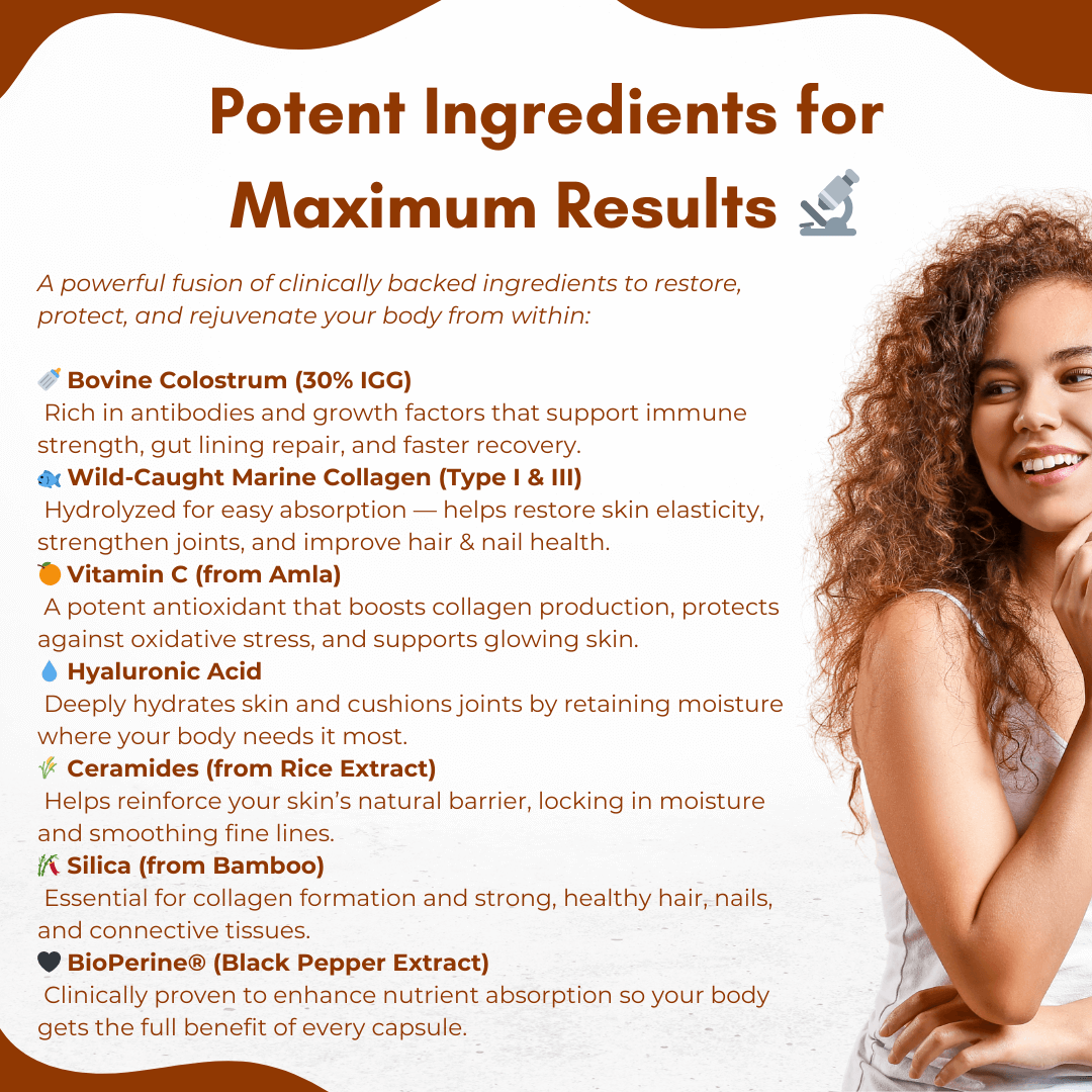PURETREX Wild Marine Collagen Peptides + Bovine Colostrum – potent ingredients like bovine colostrum, marine collagen, vitamin C, hyaluronic acid, ceramides, and BioPerine.