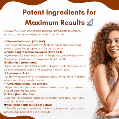 PURETREX Wild Marine Collagen Peptides + Bovine Colostrum – potent ingredients like bovine colostrum, marine collagen, vitamin C, hyaluronic acid, ceramides, and BioPerine.