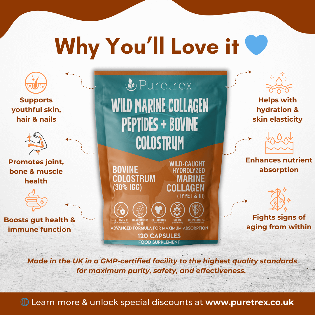 PURETREX Wild Marine Collagen Peptides + Bovine Colostrum – product benefits including skin, joints, gut health, and hydration.