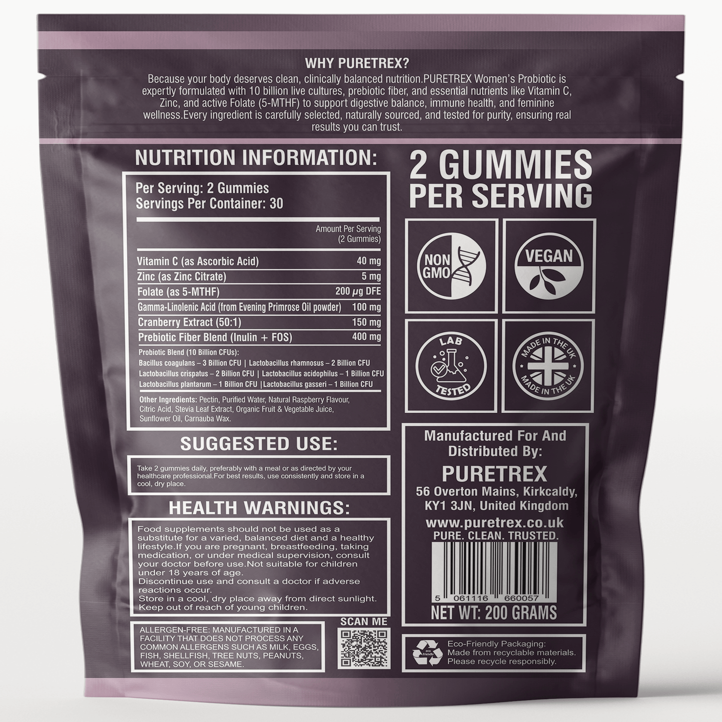 Women's Probiotic Gummies - back of pouch packaging by PURETREX