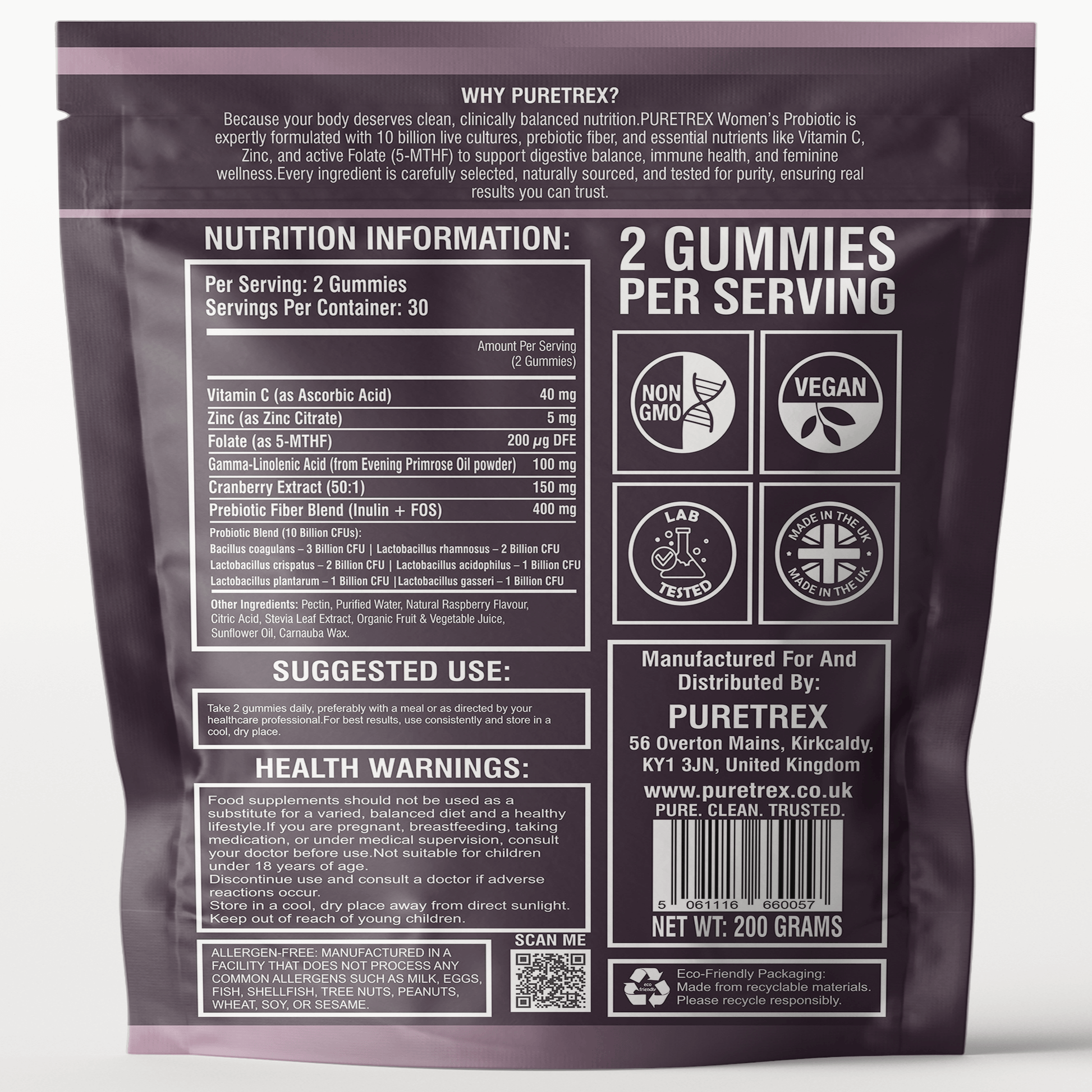 Women's Probiotic Gummies - back of pouch packaging by PURETREX