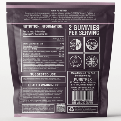 Women's Probiotic Gummies - back of pouch packaging by PURETREX