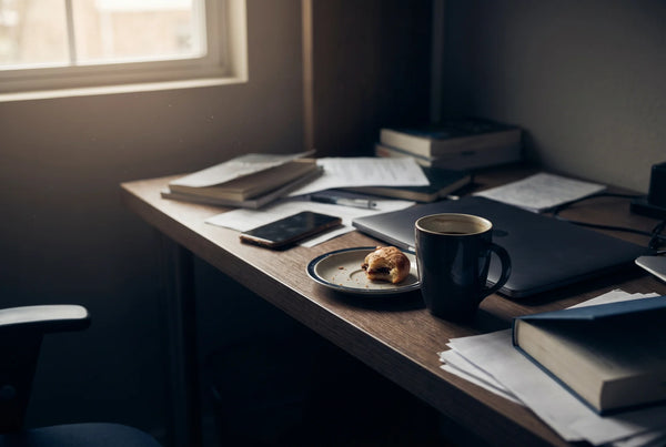 Afternoon desk with cold coffee and unfinished snack — staying balanced between meals with PURETREX GLP-1