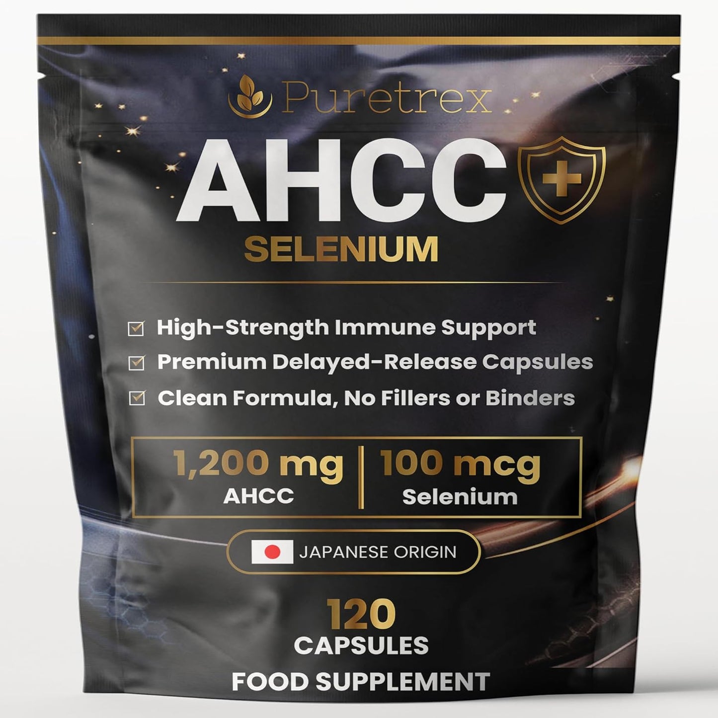 Supplement package with 'Puretrex AHCC Selenium' on a dark background