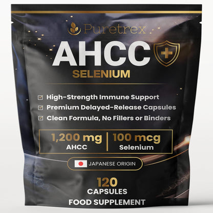 Supplement package with 'Puretrex AHCC Selenium' on a dark background