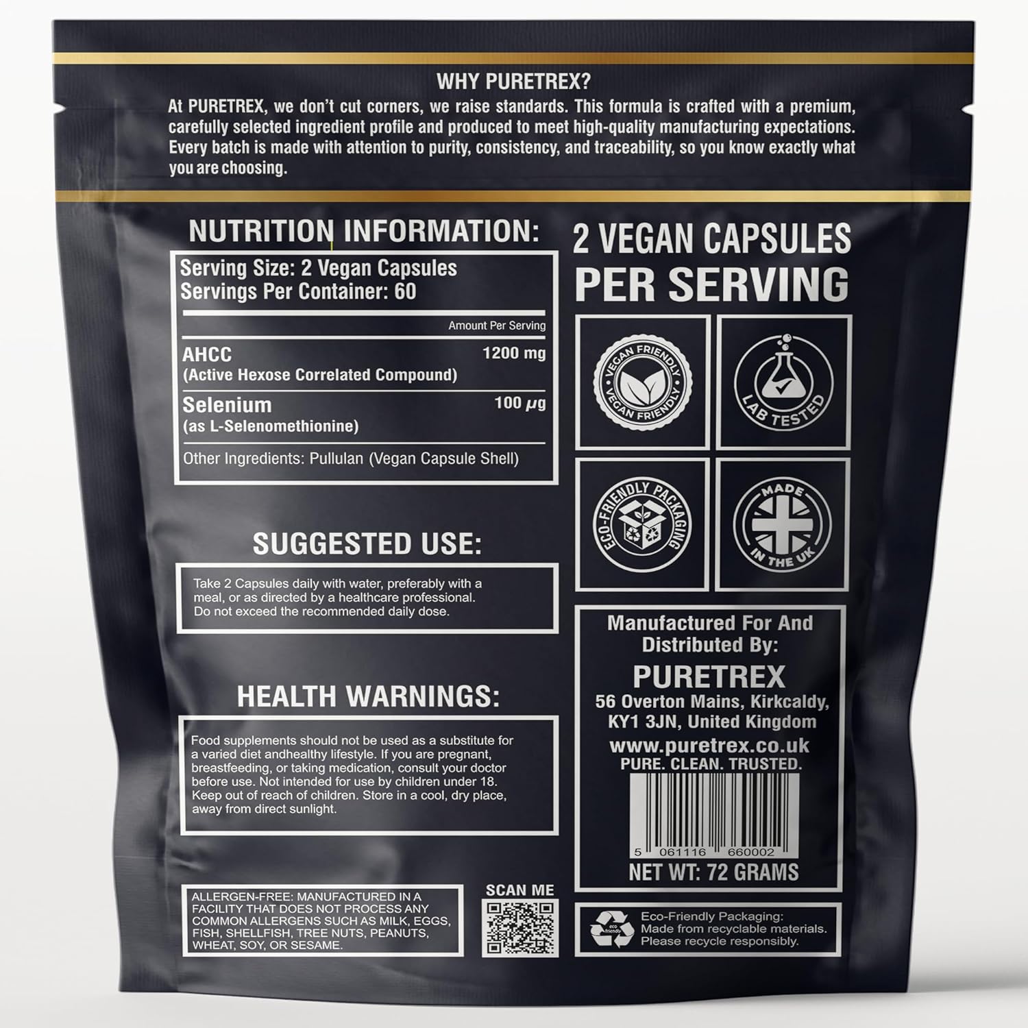 Back of a Puretrex supplement package with nutrition information, suggested use, and health warnings.