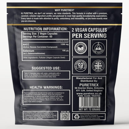 Back of a Puretrex supplement package with nutrition information, suggested use, and health warnings.