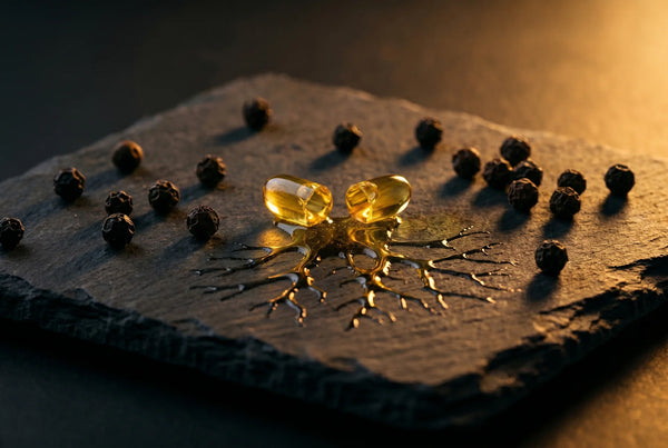 Golden softgel capsules with black peppercorns on wooden board illustrating BioPerine piperine nutrient absorption