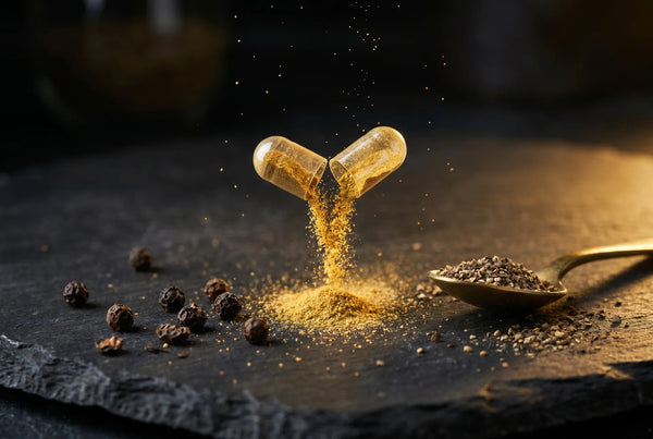 Cracked capsule releasing golden powder with black peppercorns — enhanced absorption PURETREX GLP-1 supplement