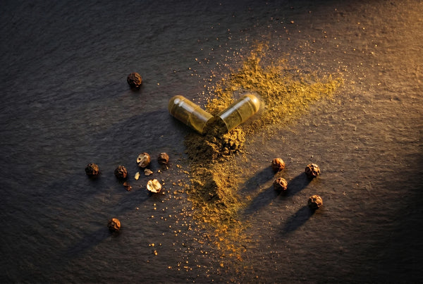 Open capsule with herbal powder and black peppercorns on dark slate — enhanced absorption PURETREX Shilajit Sea Moss