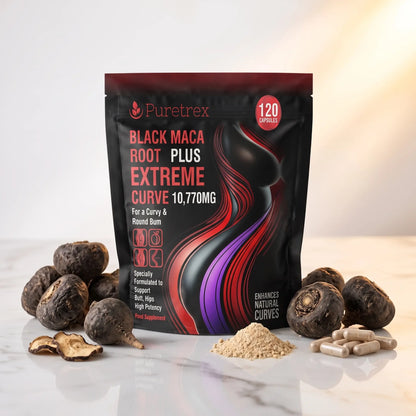 Puretrex Black Maca Root Plus Extreme Curved 10,770mg dietary supplement pouch, displayed on a light marble surface with whole and sliced black maca roots, a pile of powder, and capsules.