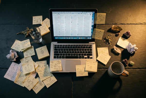 Cluttered desk with laptop and sticky notes — mental clarity and focus support with PURETREX Shilajit Sea Moss supplement