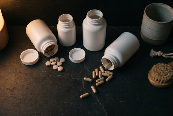 Cluttered supplement bottles on dark surface — gentle magnesium glycinate alternative by PURETREX