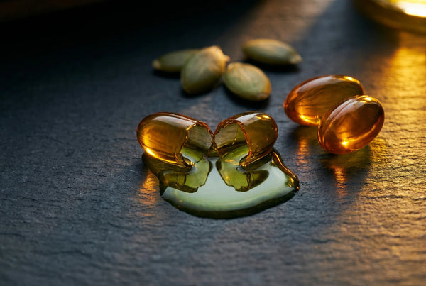Golden cold pressed pumpkin seed oil softgels showing light colour indicating virgin oil purity