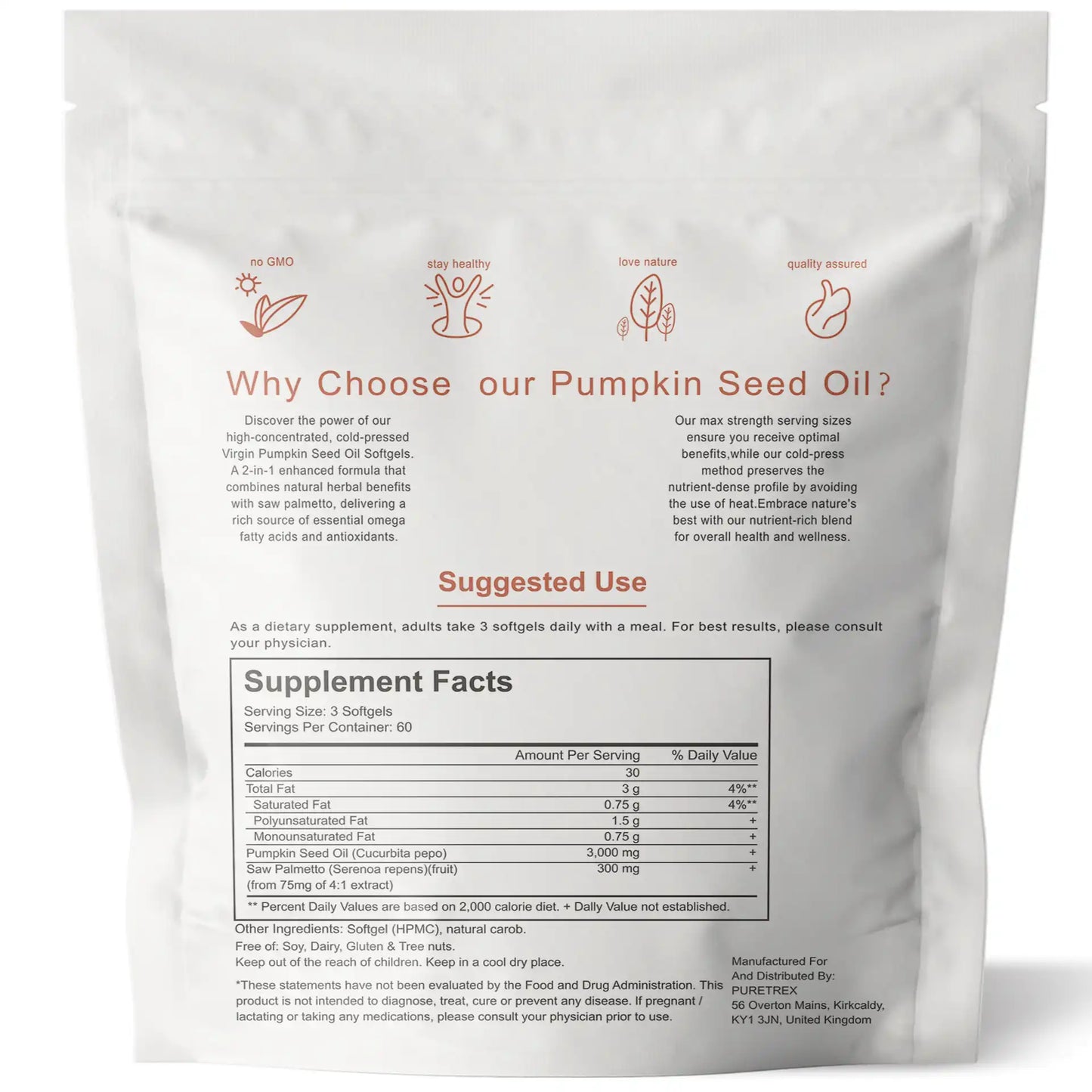 Pumpkin seed oil supplement package with text and supplement facts on a white background