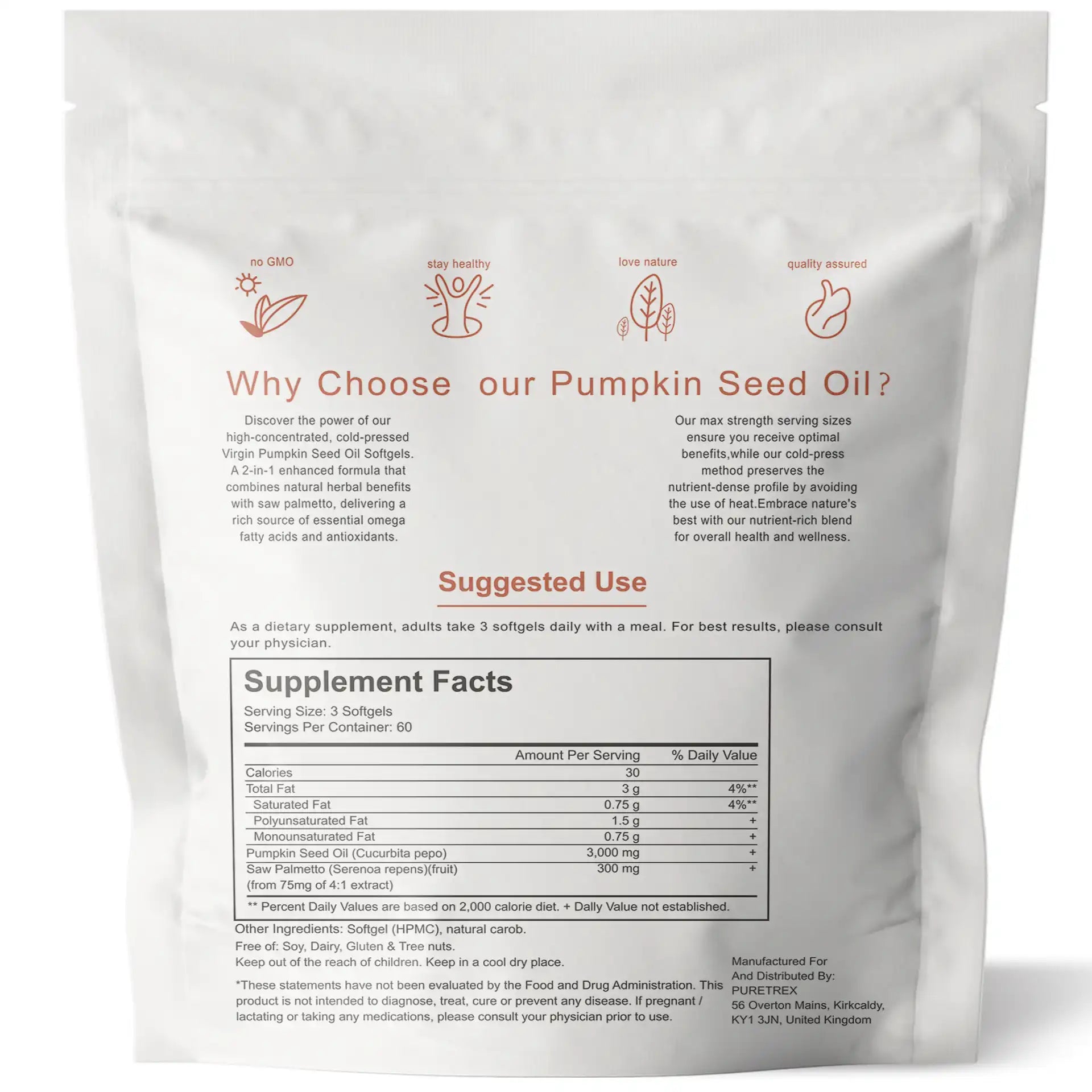 Pumpkin seed oil supplement package with text and supplement facts on a white background