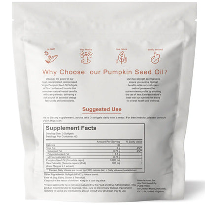 Pumpkin seed oil supplement package with text and supplement facts on a white background