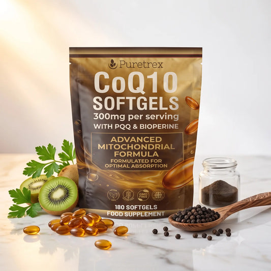 Puretrex CoQ10 Softgels food supplement pouch in a clean studio setting, surrounded by kiwi slices, parsley, softgels, a small jar of powder, and a wooden spoon of black seeds on a light marble surface.