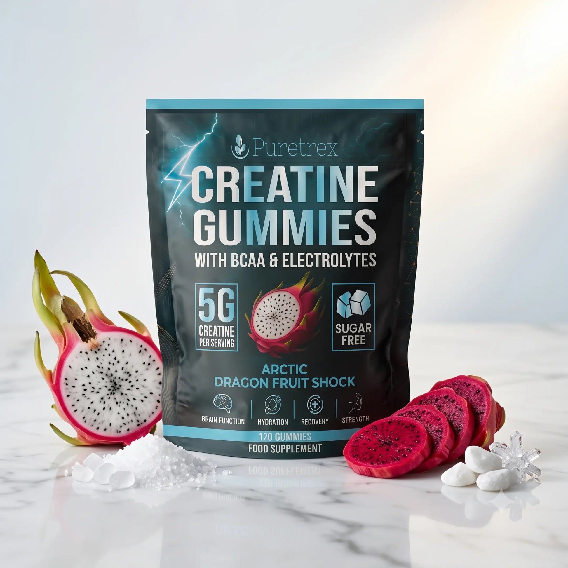 Puretrex Creatine Gummies food supplement pouch on a light marble surface, styled with dragon fruit slices, a whole dragon fruit, and white gummy candies. The pouch is black with blue and white text, and the flavor is Arctic Dragon Fruit.