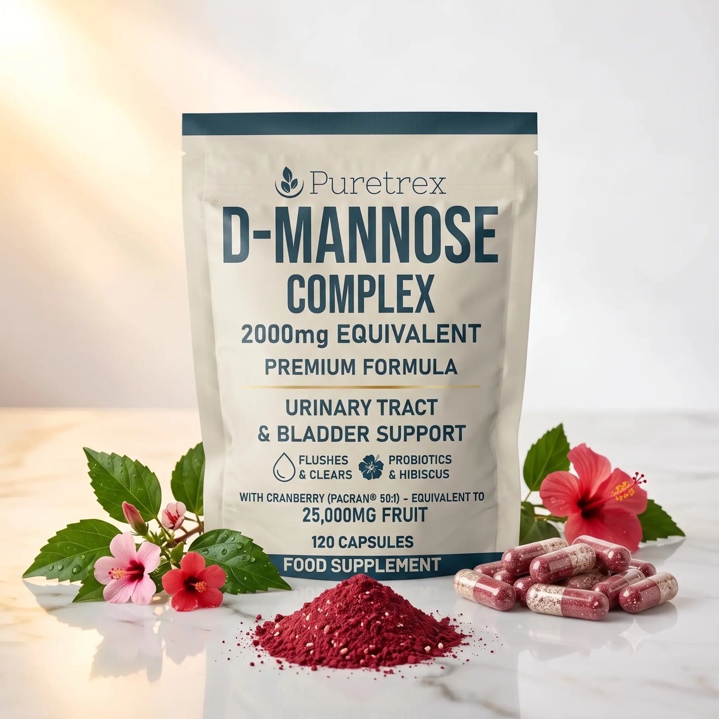 Puretrex D-Mannose Complex food supplement pouch on a light marble surface, surrounded by red hibiscus flowers, green leaves, a pile of dark red powder, and several pink-and-white capsules.