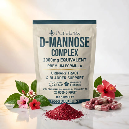 Puretrex D-Mannose Complex food supplement pouch on a light marble surface, surrounded by red hibiscus flowers, green leaves, a pile of dark red powder, and several pink-and-white capsules.