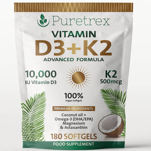 Puretrex Vitamin D3 10,000 IU with Vitamin K2 500mcg Advanced Formula – 180 vegan softgels with coconut oil, omega-3 DHA/EPA, magnesium and astaxanthin.