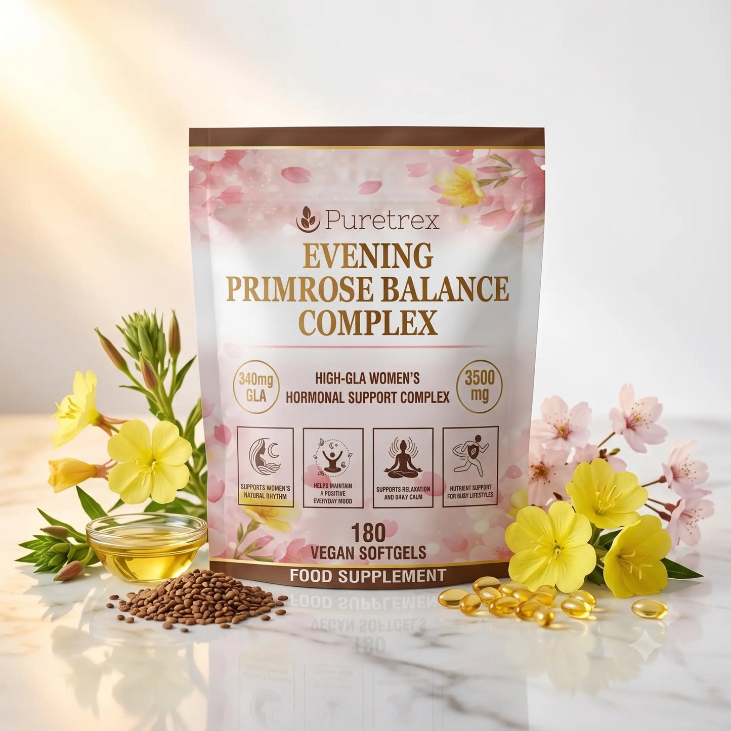 Puretrex Evening Primrose Balance Complex supplement pouch displayed on a reflective white surface with yellow flowers, softgels, and a bowl of oil around it.