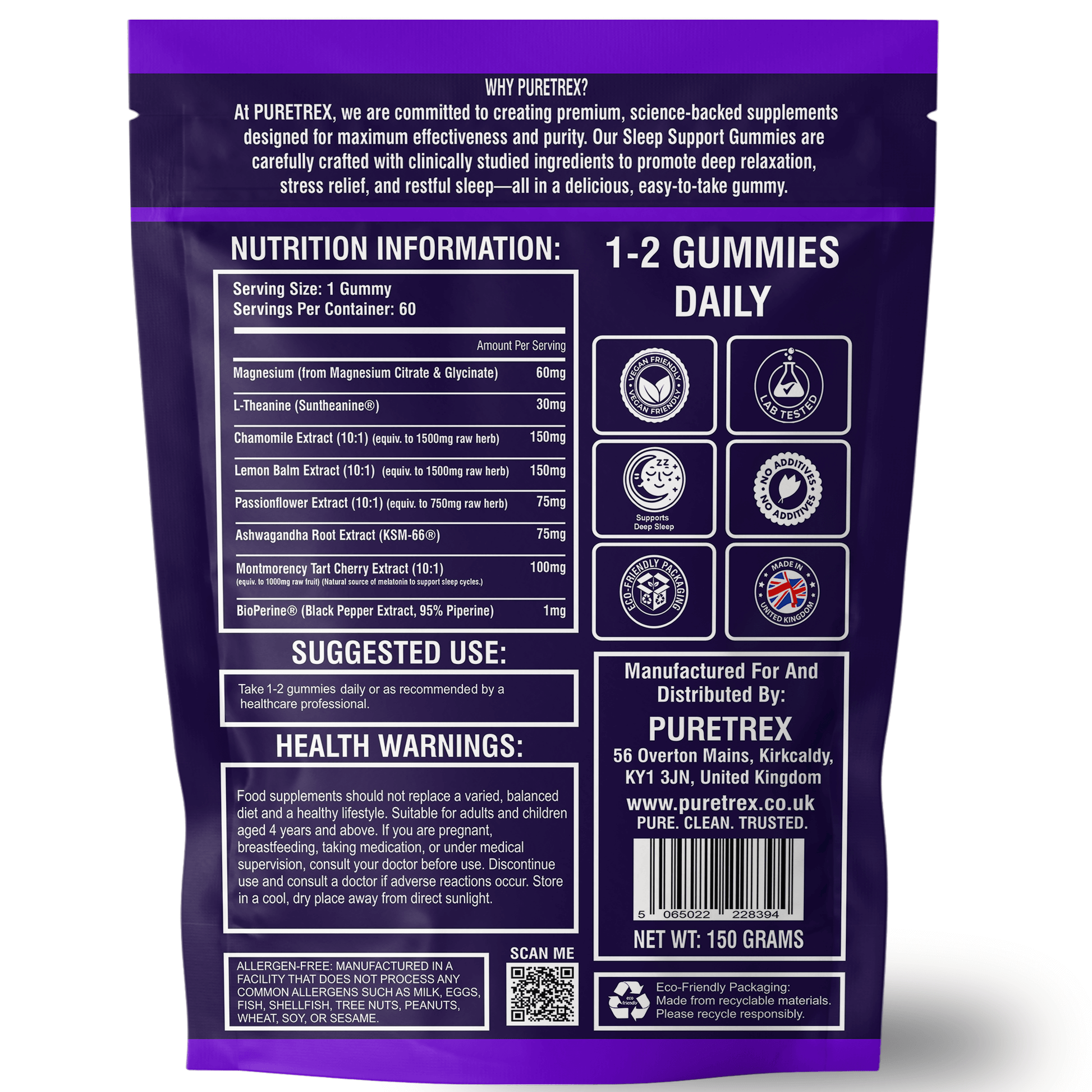 Back view of Puretrex Family Sleep Gummies package with full nutrition information, icons, and suggested use details.