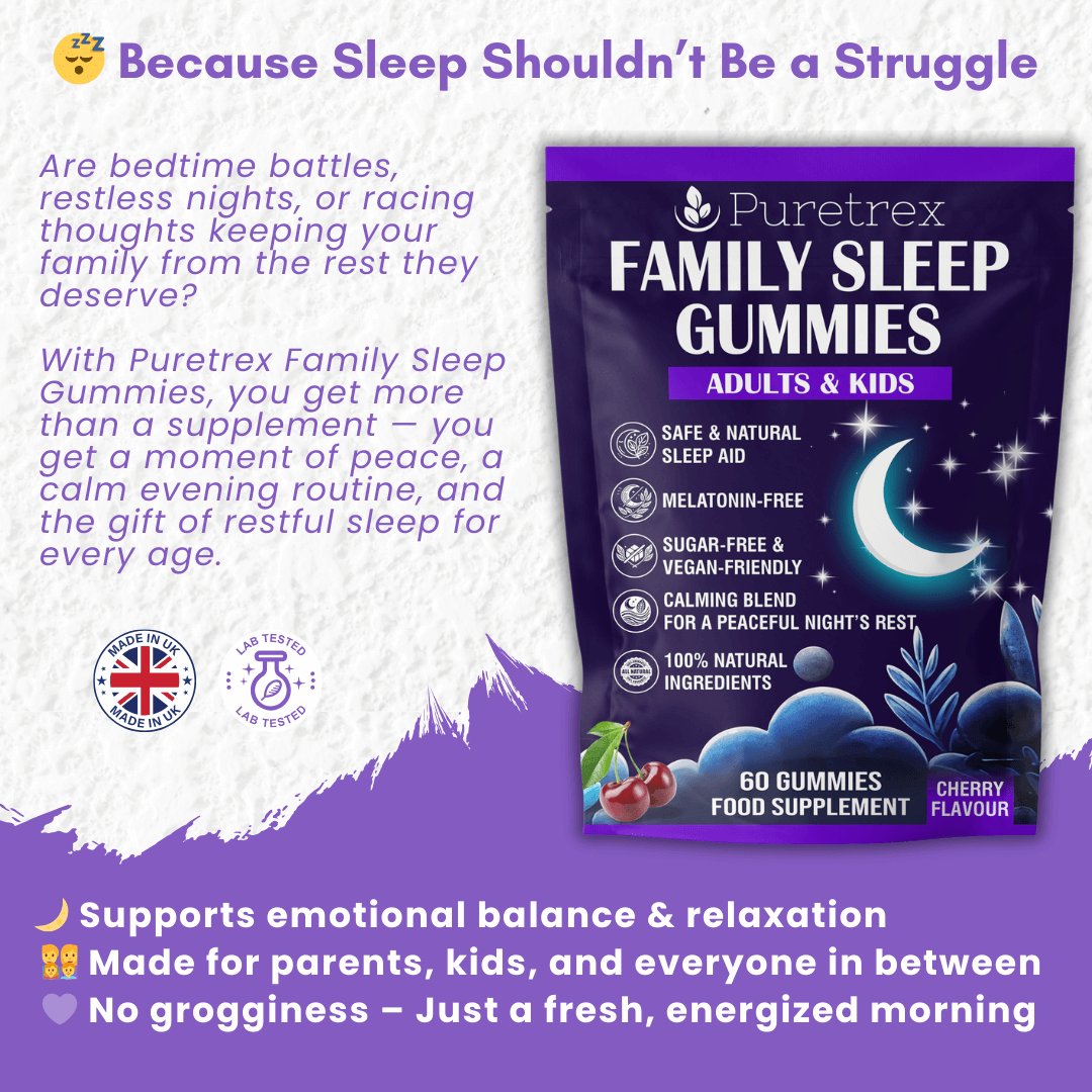 Puretrex Family Sleep Gummies package with product benefits text on a purple background, showing safe and natural sleep aid features.